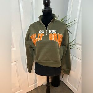 Cropped Army Green California 3/4 Zip Collar Pullover Sweatshirt